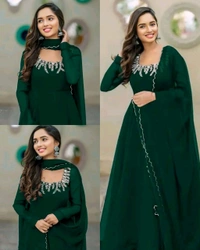 Nack line embroidery Georgette with work dupatta with lace - Blue, S
