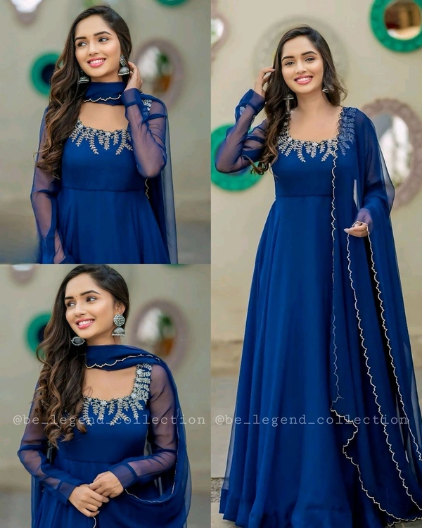 Nack line embroidery Georgette with work dupatta with lace - Blue, M