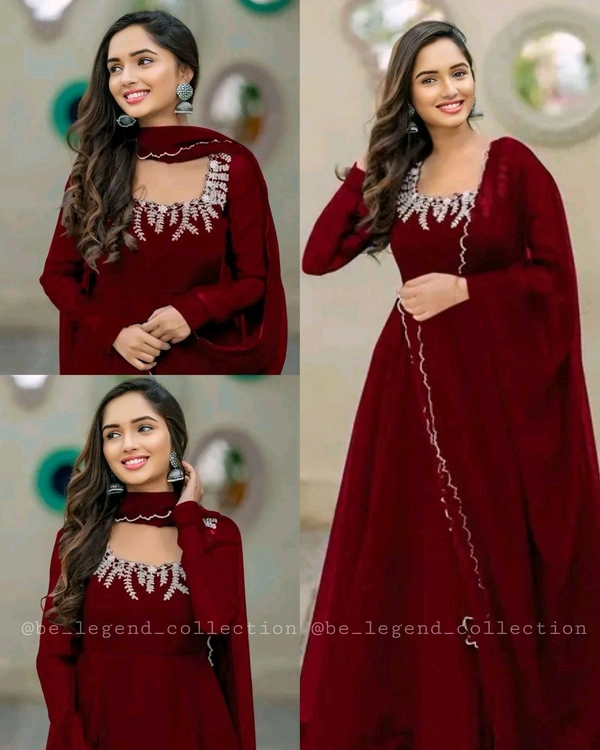 Nack line embroidery Georgette with work dupatta with lace - Maroon, XL