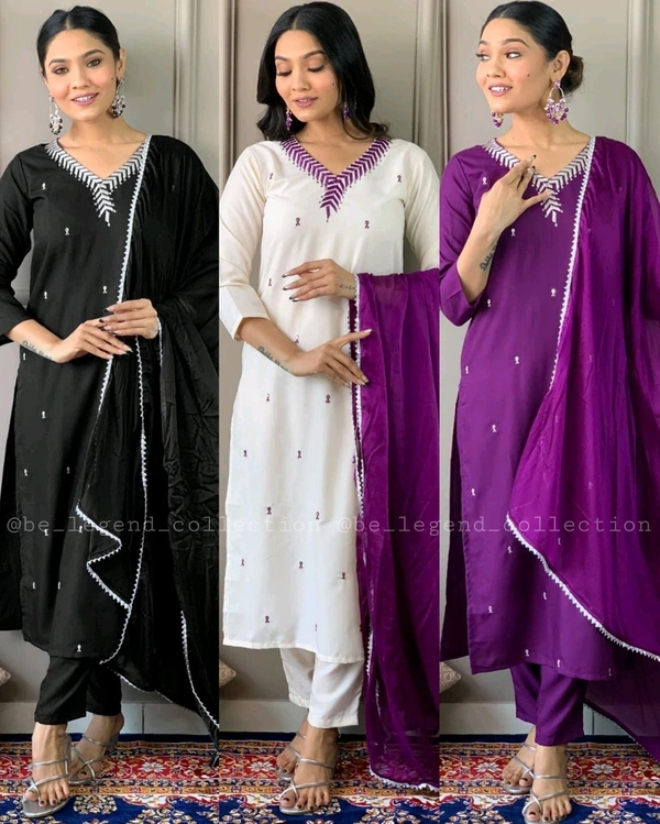 Trendy Design Women Embroidered Straight Kurta with Pants & Dupatta Set  - Black, 2XL
