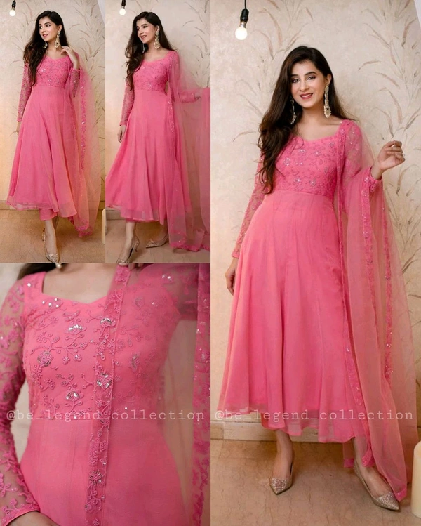 Lovely Women's Heavy Georgette Digital Floral Printed Gown and Dupatta - Peach, 2XL