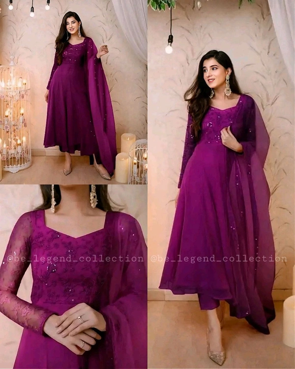 Lovely Women's Heavy Georgette Digital Floral Printed Gown and Dupatta - Purple, XL