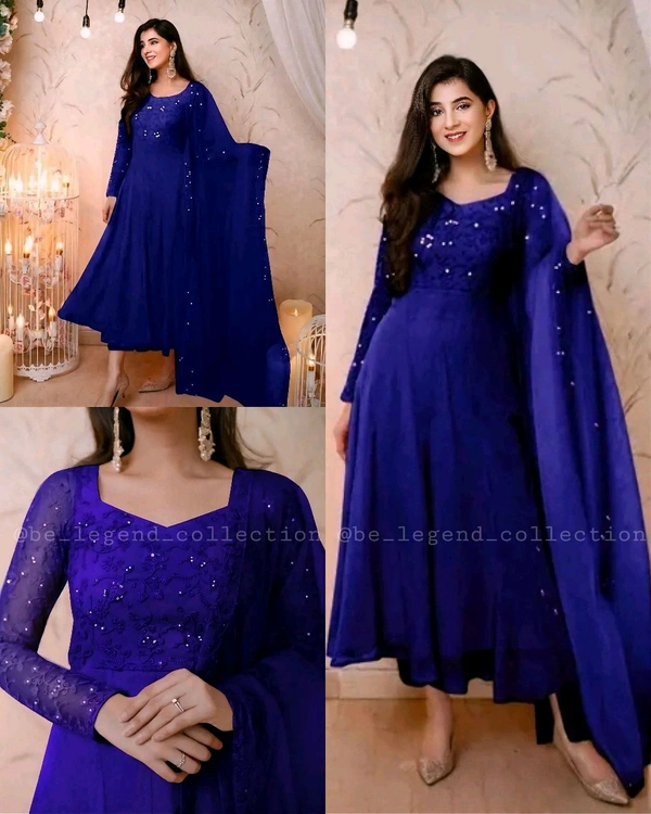 Lovely Women's Heavy Georgette Digital Floral Printed Gown and Dupatta - Blue, XL