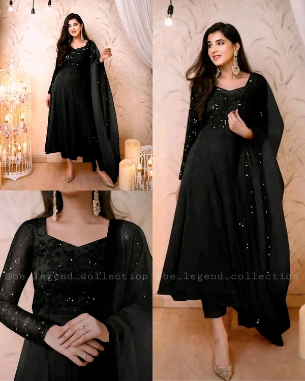 Lovely Women's Heavy Georgette Digital Floral Printed Gown and Dupatta - Black, M