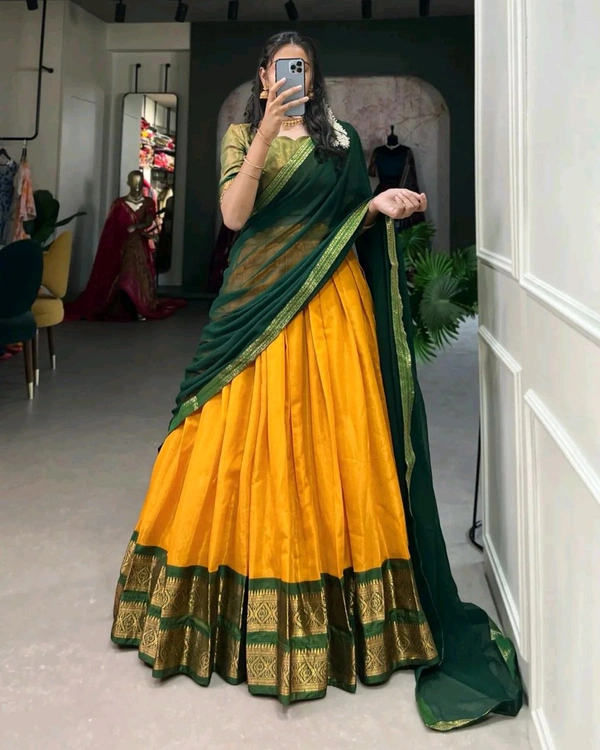 South Indian Traditional Half Saree - Cream, Un Stitched