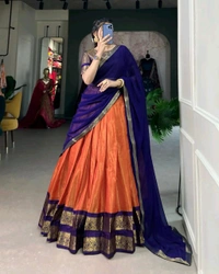South Indian Traditional Half Saree - Cream, Un Stitched