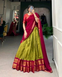South Indian Traditional Half Saree - Cream, Un Stitched