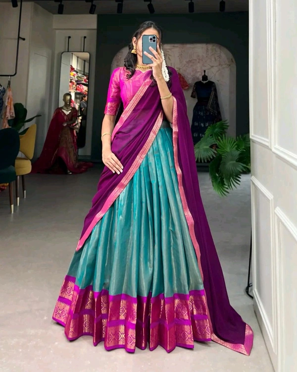 South Indian Traditional Half Saree - Cream, Un Stitched