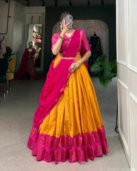 South Indian Traditional Half Saree - Cream, Un Stitched
