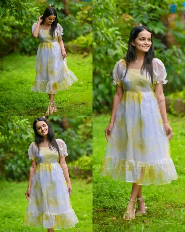 Woman Party Wear fancy Organza - Yellow, L