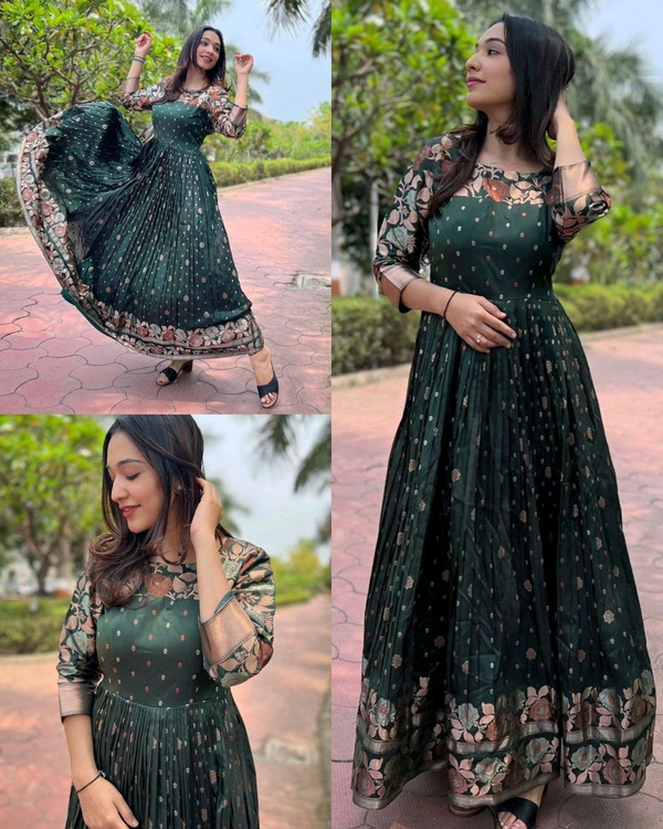 Women Woven Design Jacquard Long Gown - Green, S