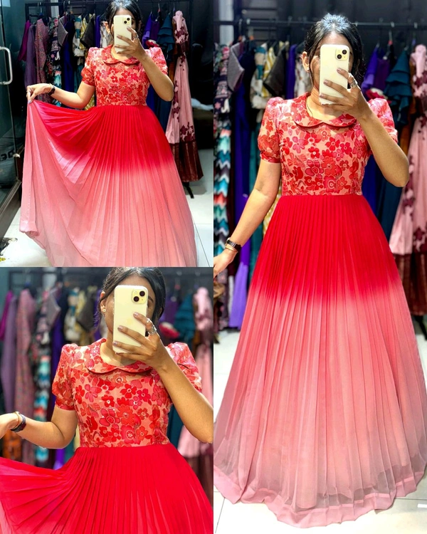 Beautiful peach red and pink color floral dress.its made by heavy 2d shade georgette and embroidered floral yolk. - M