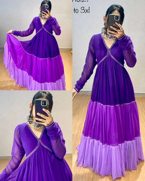 Elevate your ethnic fashion with our violet flared anarkali, with beautiful gota patti work and beautiful three color shades. - XS