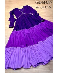 Elevate your ethnic fashion with our violet flared anarkali, with beautiful gota patti work and beautiful three color shades. - M