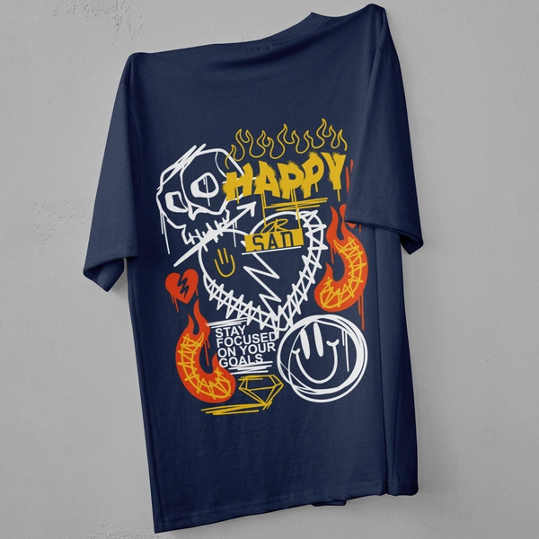 RULED Happy-Sad Graffiti Oversized T-Shirt - navy blue, m