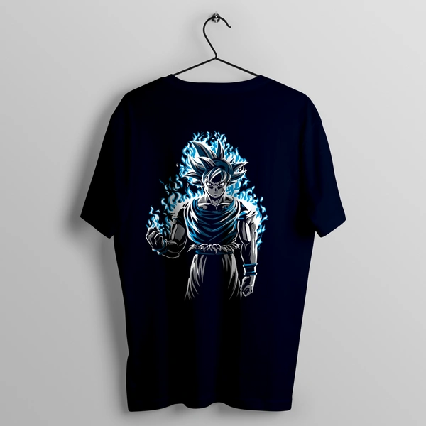 RULED Dragon Ball Inspired Oversized Goku Tee – Ultra Instinct Flame Design - navy blue, l