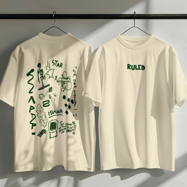 RULED White Graphic Streetwear T-Shirt – Hand-Drawn Abstract Doodle Art | RULED Oversized Tee - offwhite, xxl