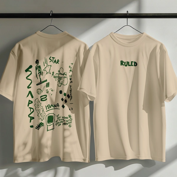 RULED White Graphic Streetwear T-Shirt – Hand-Drawn Abstract Doodle Art | RULED Oversized Tee - beige, s