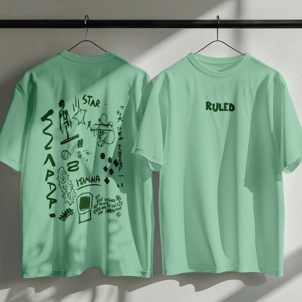 RULED White Graphic Streetwear T-Shirt – Hand-Drawn Abstract Doodle Art | RULED Oversized Tee - sage green, m