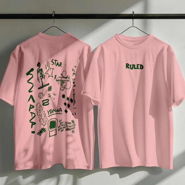 RULED White Graphic Streetwear T-Shirt – Hand-Drawn Abstract Doodle Art | RULED Oversized Tee - baby pink, l