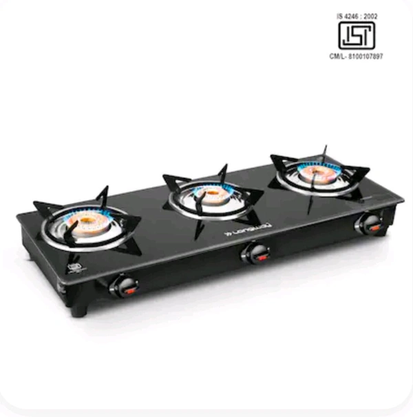 Longway Furn Glass Top, 3 Burner Manual Ignition Glass Gas Stove (Black, ISI Certified, 1 Year Warranty)Pv50j