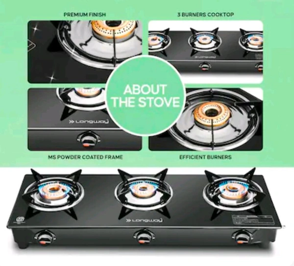Longway Furn Glass Top, 3 Burner Manual Ignition Glass Gas Stove (Black, ISI Certified, 1 Year Warranty)Pv50j