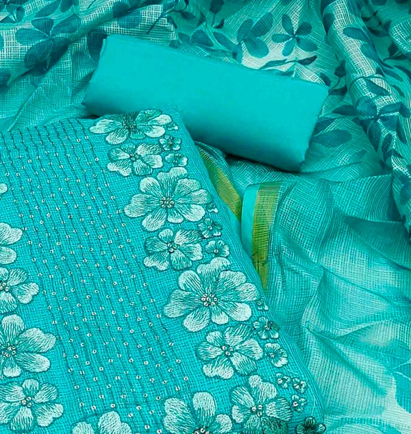 Turquoise Flora Embroidered Kota Doria Material Pv20