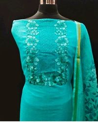 Turquoise Flora Embroidered Kota Doria Material Pv20