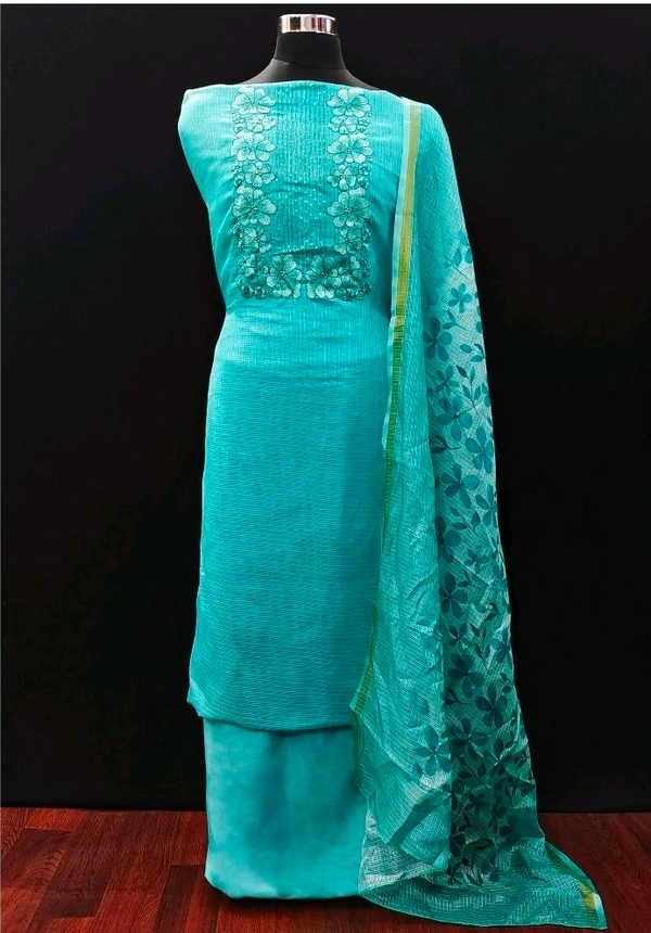 Turquoise Flora Embroidered Kota Doria Material Pv20