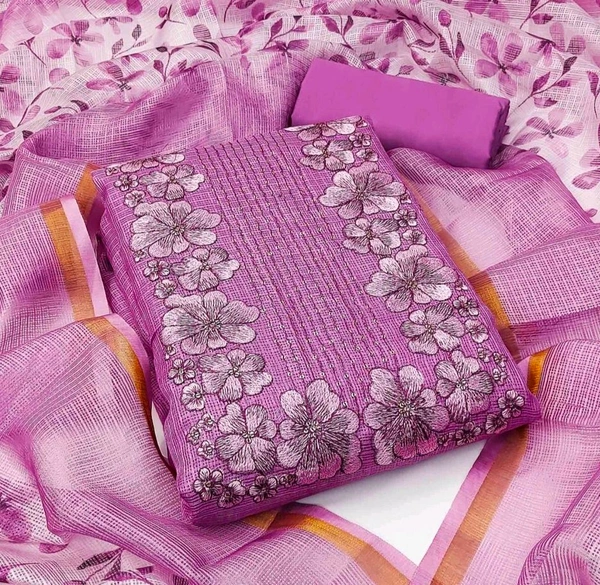 Purple Flora Embroidered Kota Doria Material Pv20
