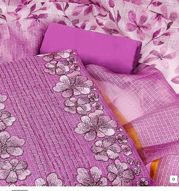 Purple Flora Embroidered Kota Doria Material Pv20