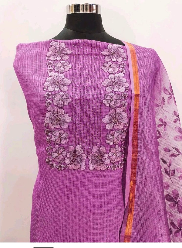 Purple Flora Embroidered Kota Doria Material Pv20
