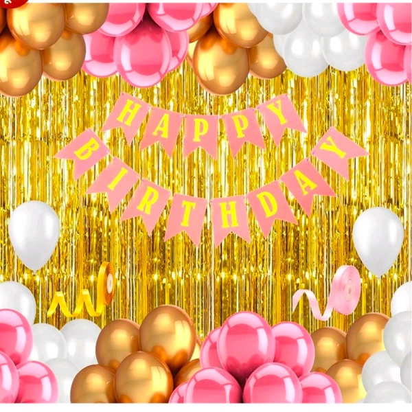 Birthday Combo Set 2pcs Curtain ,1pcs star 18 Inch,13 Pcs H B D Banar,20 Balloon ( Colour Golden,Pink)