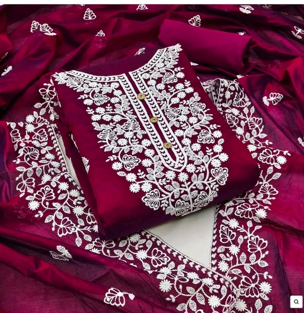 Wine Floral Embroidered Chanderi Cotton Dress Material Pv30
