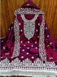 Wine Floral Embroidered Chanderi Cotton Dress Material Pv30
