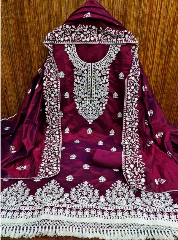 Wine Floral Embroidered Chanderi Cotton Dress Material Pv30
