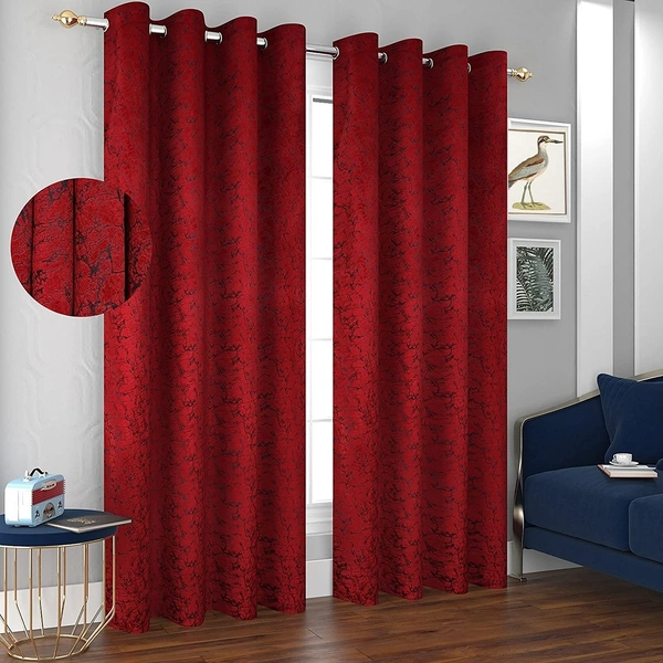 Panipat Textile Hub Polyester Eyelet Red Designer Print Velvet Blackout curtains Pack of 2 - Window (4x5 Feet)