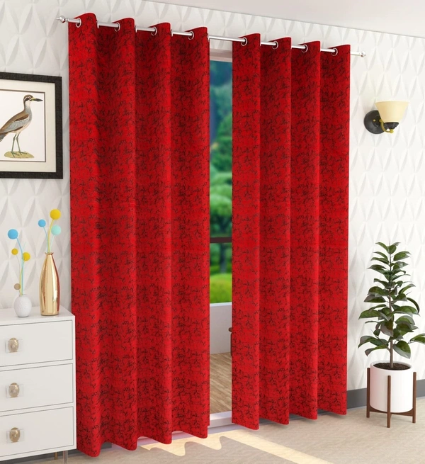 Panipat Textile Hub Polyester Eyelet Red Designer Print Velvet Blackout curtains Pack of 2 - Window (4x5 Feet)