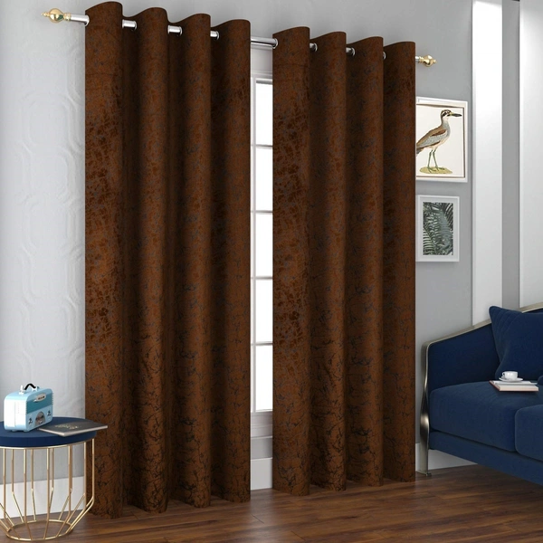 Panipat Textile Hub Polyester Eyelet Brown Designer Print Velvet Blackout curtains Pack of 2 - Door (4x7 Feet)