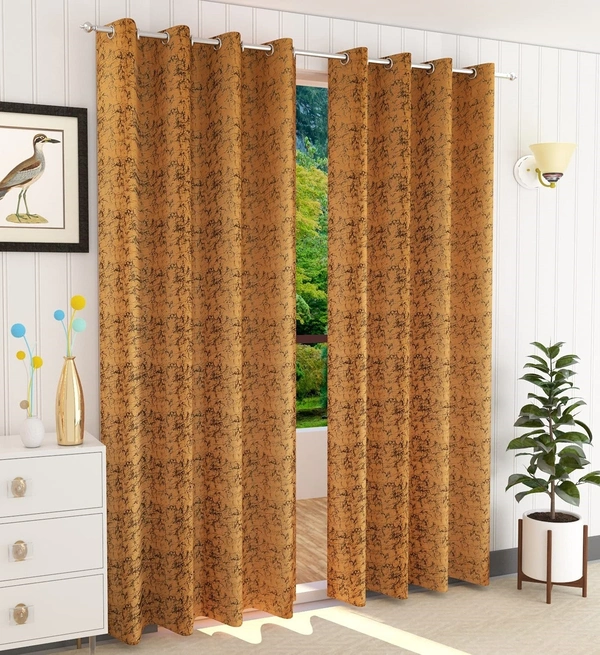 Panipat Textile Hub Polyester Eyelet Gold Designer Print Velvet Blackout curtains Pack of 2 - Window (4x5 Feet), gold