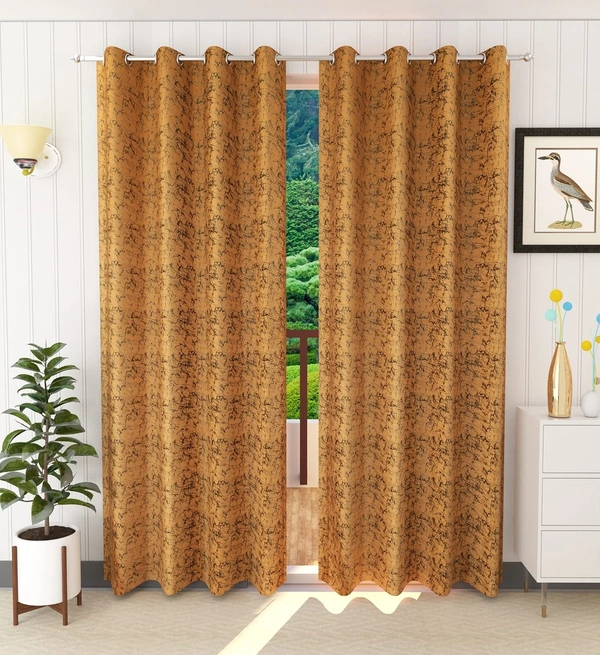 Panipat Textile Hub Polyester Eyelet Gold Designer Print Velvet Blackout curtains Pack of 2 - Window (4x5 Feet), gold