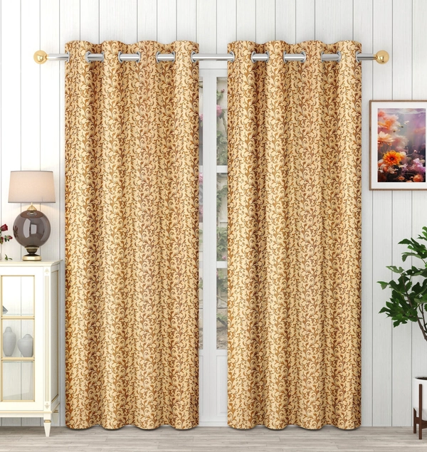 Panipat Textile Hub Polyester Eyelet Gold Designer Print curtains Pack of 2 - Window (4x5 Feet)