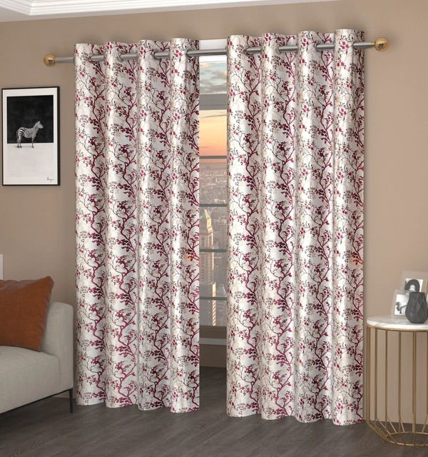Panipat Textile Hub Polyester Eyelet Wine Designer Print curtains Pack of 2 - Window (4x5 Feet), Cardinal Pink