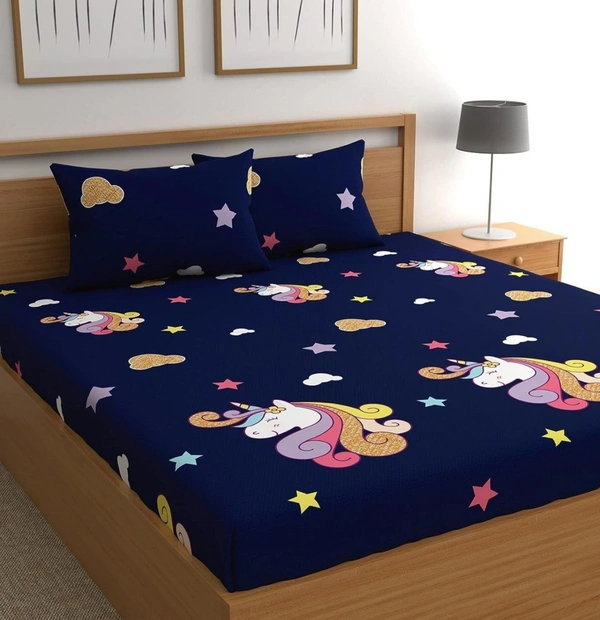 Panipat textile Hub 180 TC Microfiber Super Soft Fitted (Elastic) Double Bedsheet with 2 Pillow cover - Navy Blue
