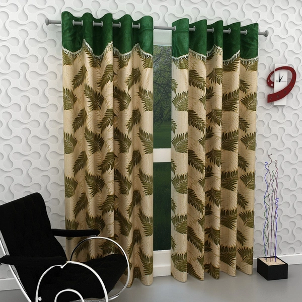 Home Garage Polyester Eyelet Valence Design Green Solid Curtains Pack of 2 - Window (4x5 Feet)
