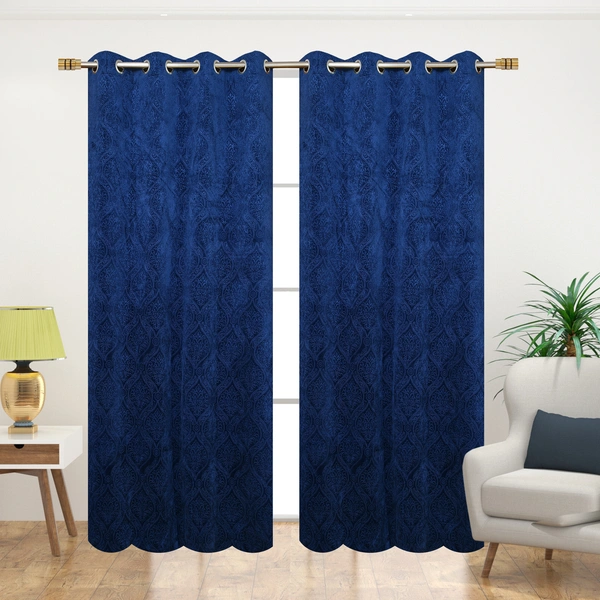 Home Garage Velvet Eyelet Blue Blackout High Quality Punch Print curtains Pack of 2 - Window (4x5 Feet)