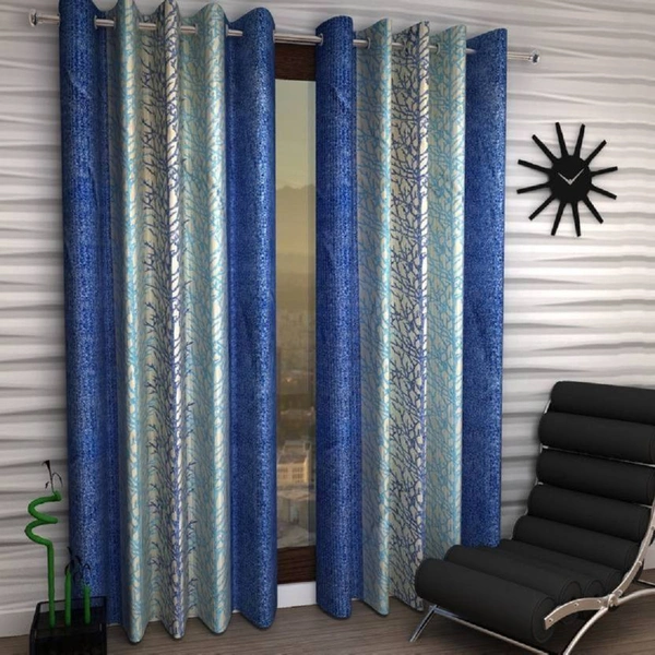 Loof Klapper Polyester Eyelet Blue Printed Design curtains Pack of 2 - Window (4x5 Feet)