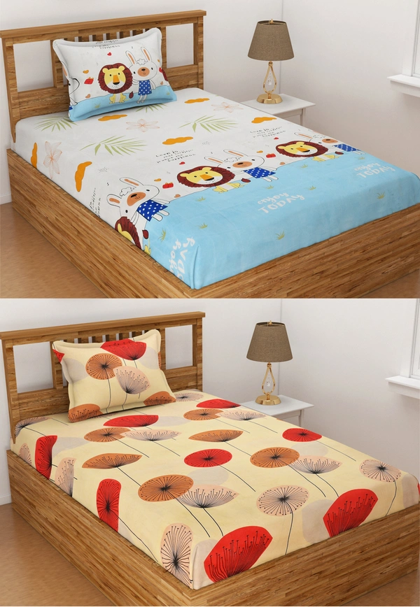 Panipat Textile Hub 140 TC Microfiber Caroon printed Combo Single Floral Flat Bedsheet ( 2 Single Bedsheet with 2 pillow cover) - Single Bedsheet