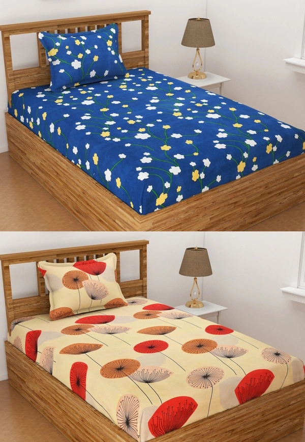 Panipat Textile Hub 140 TC Microfiber Combo Single Floral Flat Bedsheet ( 2 Single Bedsheet with 2 pillow cover) - Single Bedsheet