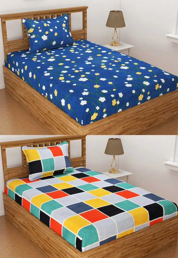 Panipat Textile Hub 140 TC Microfiber Combo Single Floral Flat Bedsheet ( 2 Single Bedsheet with 2 pillow cover) - Single Bedsheet